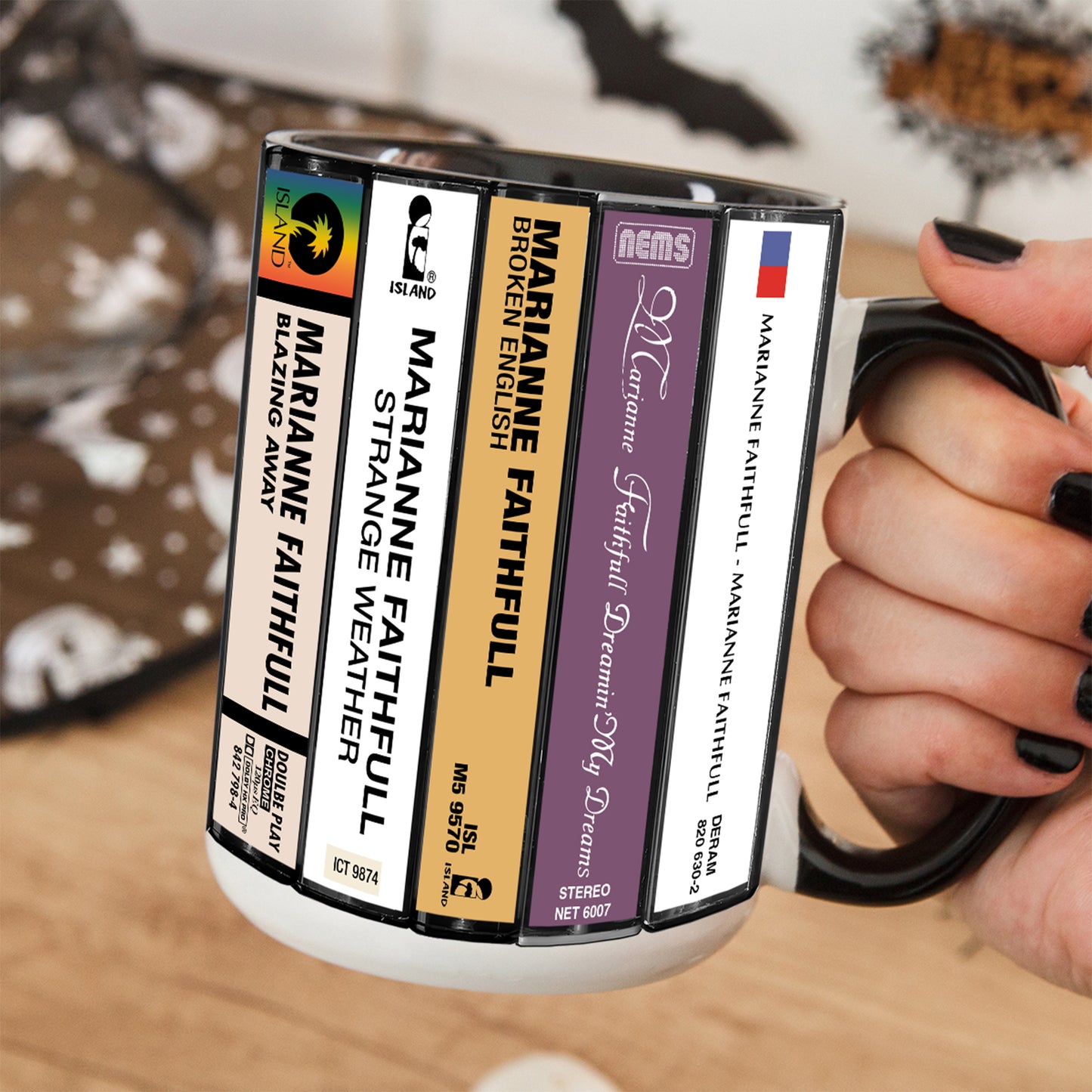 Marianne Faithfull Albums Cassette Collection Retro Accent Edge-to-Edge Printed Mug