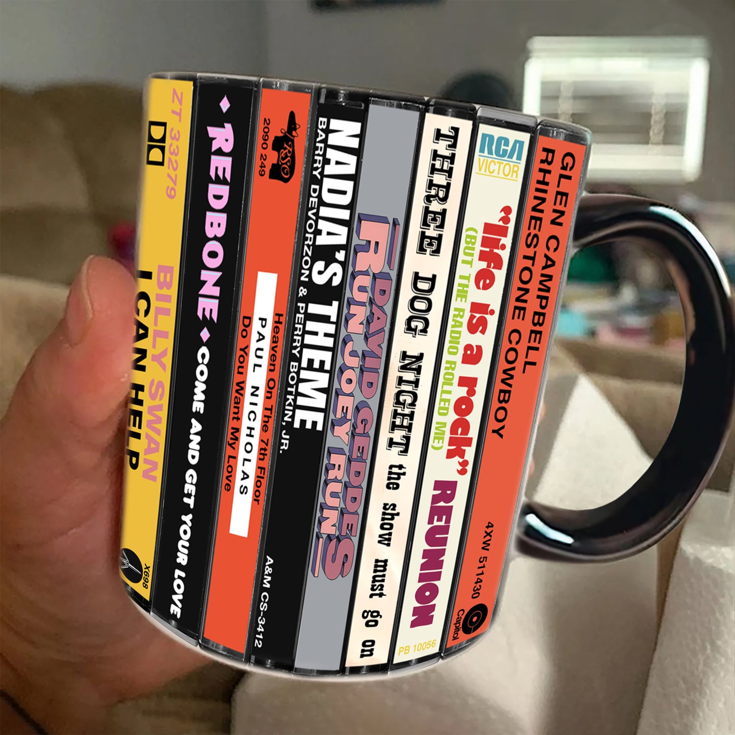 70s Pop Songs Albums Cassette Collection Retro Accent Edge-to-Edge Printed Mug - Volume 3