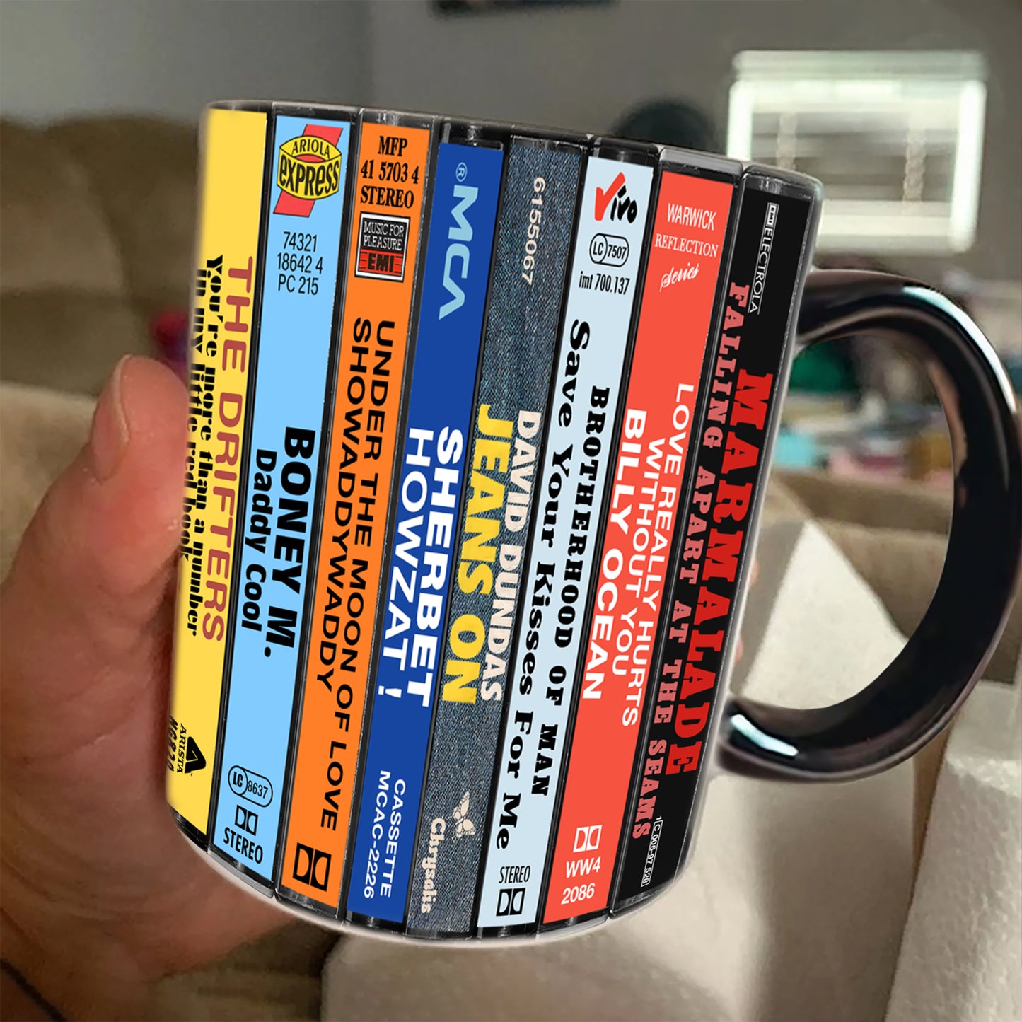 UK Pop Hits Late 70s Albums Cassette Collection Retro Accent Edge-to-Edge Printed Mug