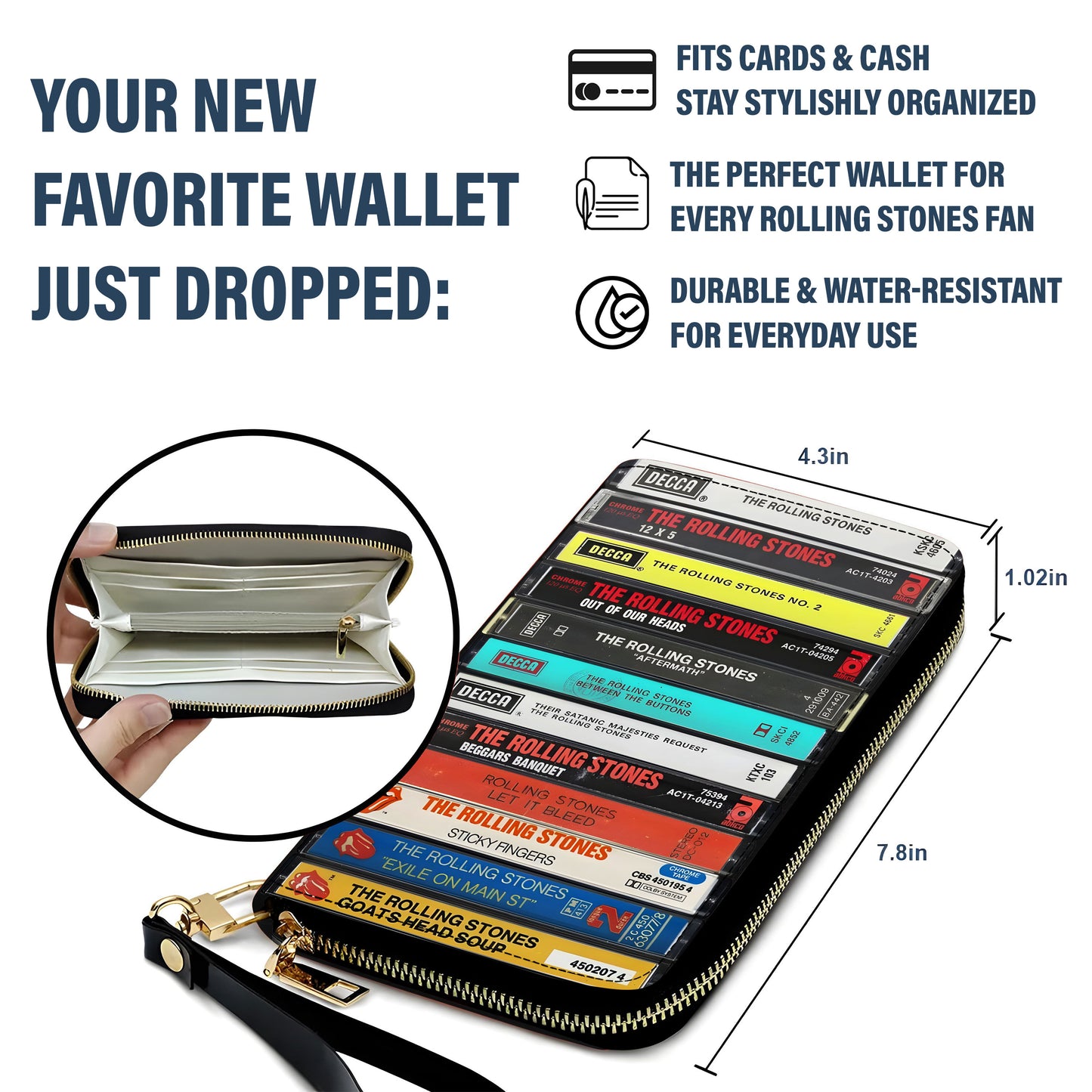 Rolling Stones Albums Cassette Vintage Leather Long Wallet