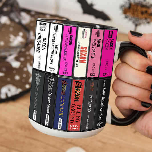 Saxon Albums Cassette Collection Retro Accent Edge-to-Edge Printed Mug