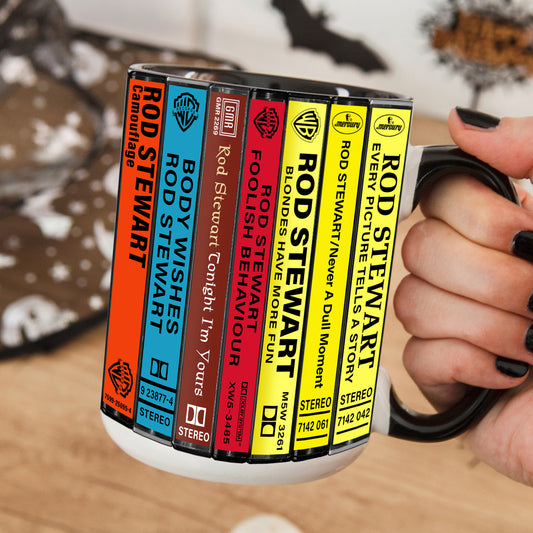 Rod Stewart Albums Cassette Collection Retro Accent Edge-to-Edge Printed Mug