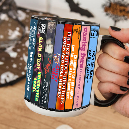 70s Pop Songs Albums Cassette Collection Retro Accent Edge-to-Edge Printed Mug - Volume 4
