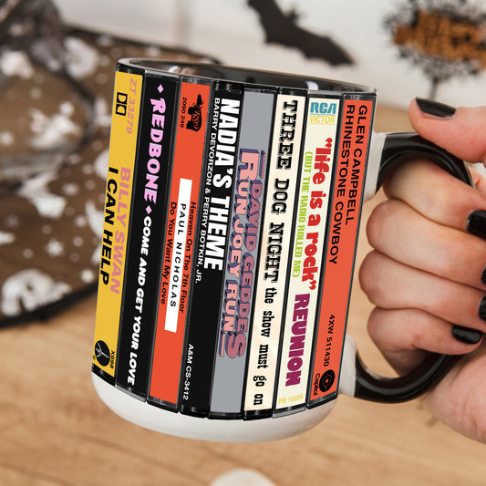 70s Pop Songs Albums Cassette Collection Retro Accent Edge-to-Edge Printed Mug - Volume 3