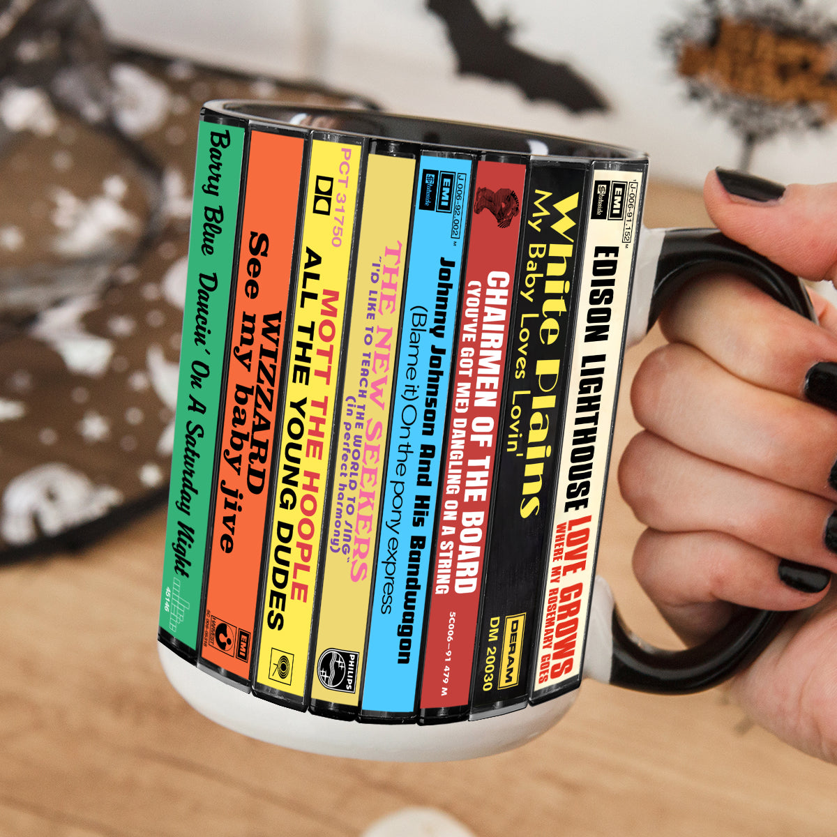 UK Pop Hits Early 70s Albums Cassette Collection Retro Accent Edge-to-Edge Printed Mug