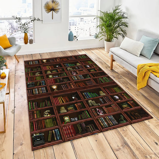 Books Retro Shelf, Library Room Rug for Bookaholics