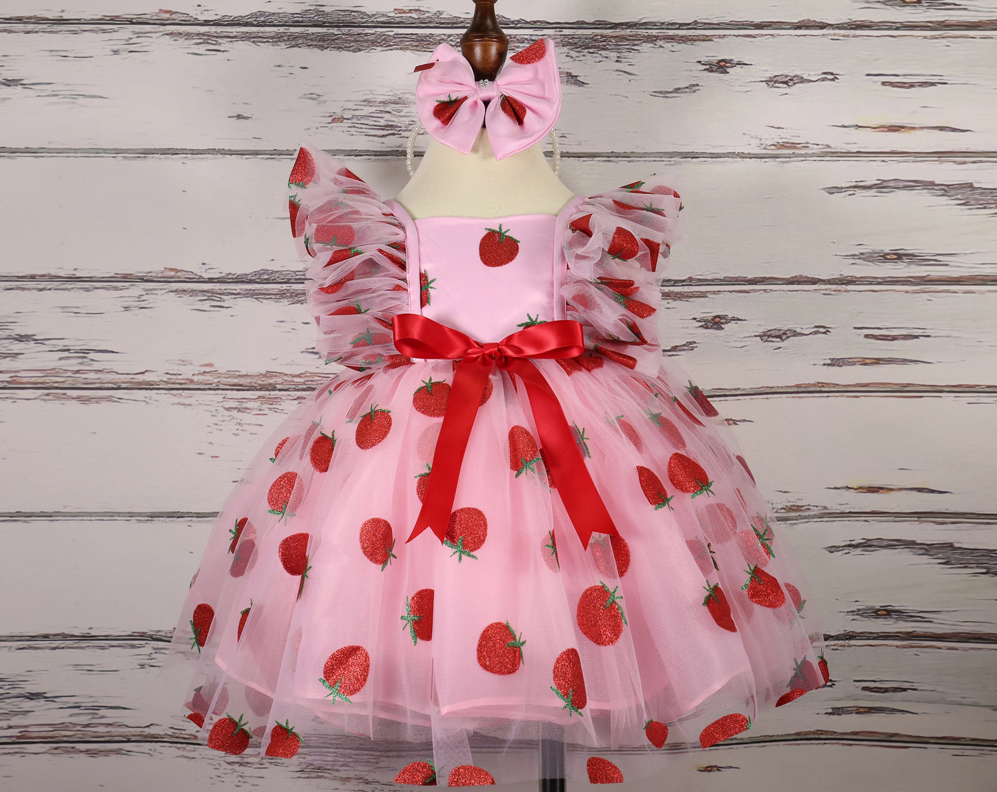 FLUFFY BABY DRESS | Red Flower Strawberry Sequin Baby Dresses | Baby Birthday Outfit | Gift For Baby Girls | Fruit Print Elegant Baby Dress