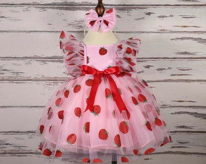 FLUFFY BABY DRESS | Red Flower Strawberry Sequin Baby Dresses | Baby Birthday Outfit | Gift For Baby Girls | Fruit Print Elegant Baby Dress