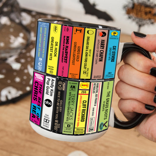 Male Pop 70s & 80s Albums Cassette Collection Retro Accent Edge-to-Edge Printed Mug