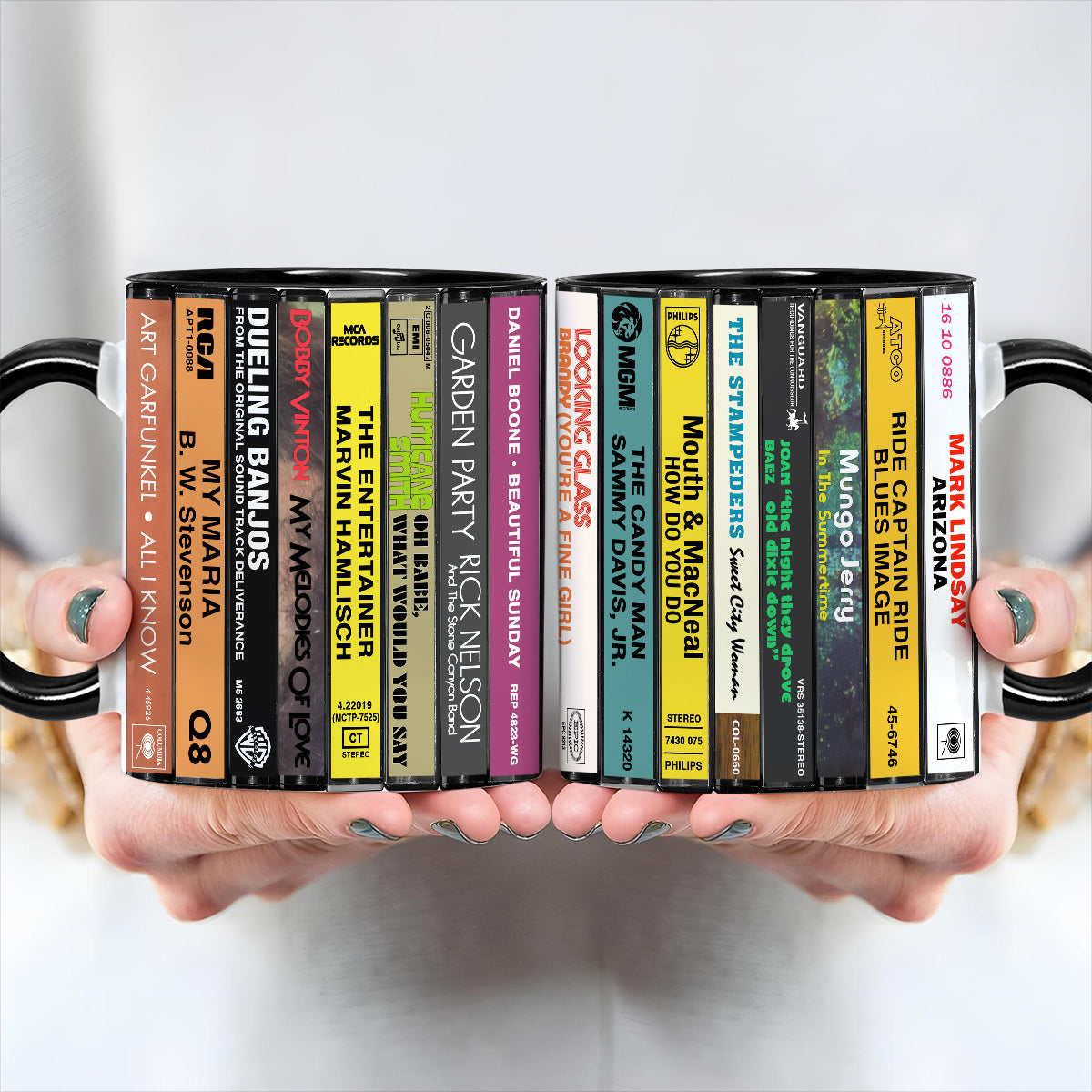70s Pop Songs Albums Cassette Collection Retro Accent Edge-to-Edge Printed Mug - Volume 2