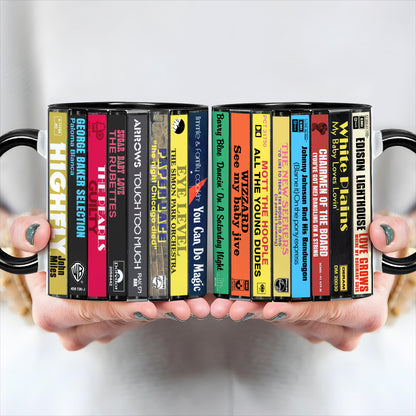 UK Pop Hits Early 70s Albums Cassette Collection Retro Accent Edge-to-Edge Printed Mug