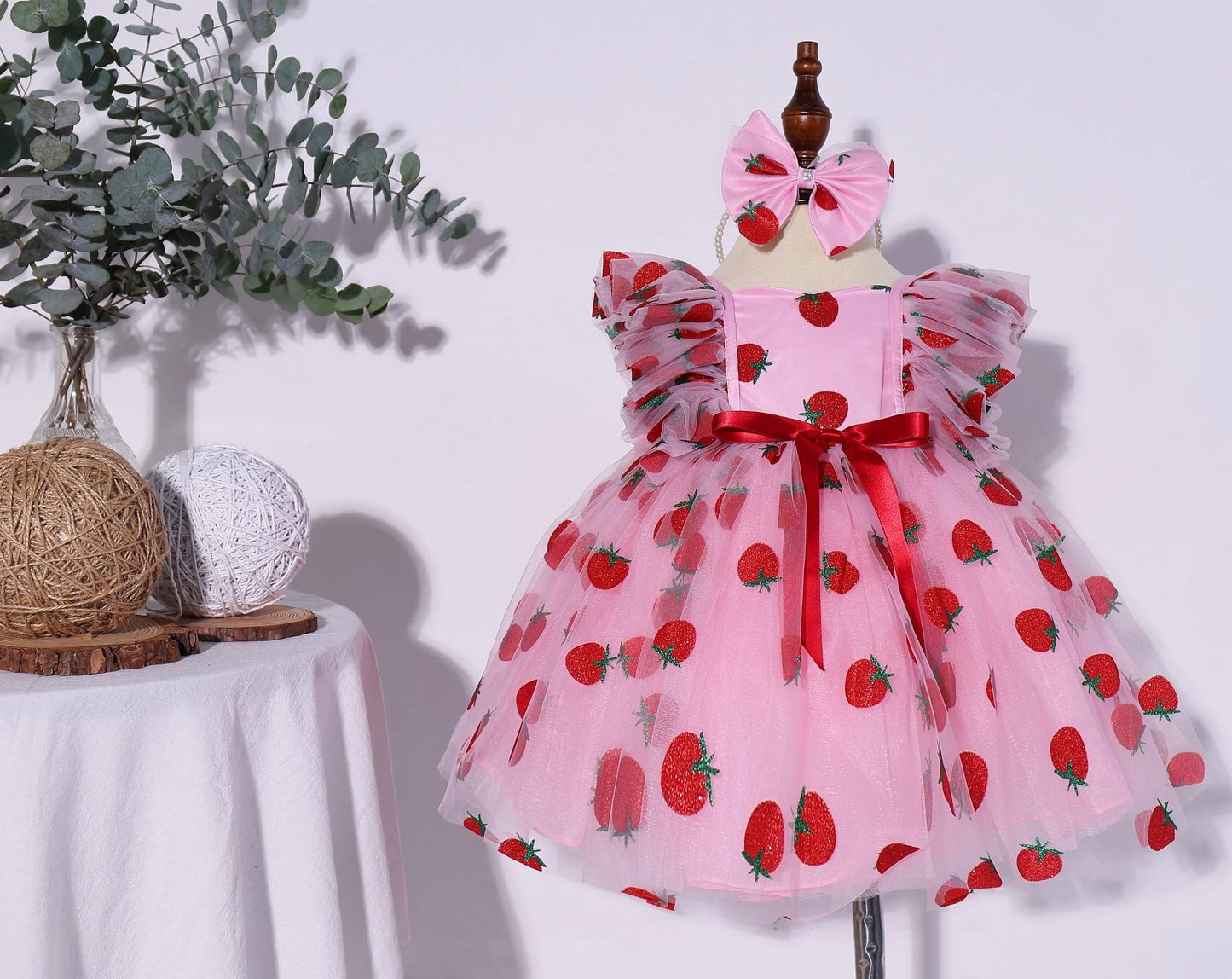 FLUFFY BABY DRESS | Red Flower Strawberry Sequin Baby Dresses | Baby Birthday Outfit | Gift For Baby Girls | Fruit Print Elegant Baby Dress