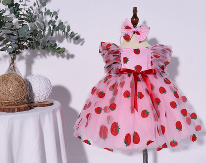 FLUFFY BABY DRESS | Red Flower Strawberry Sequin Baby Dresses | Baby Birthday Outfit | Gift For Baby Girls | Fruit Print Elegant Baby Dress