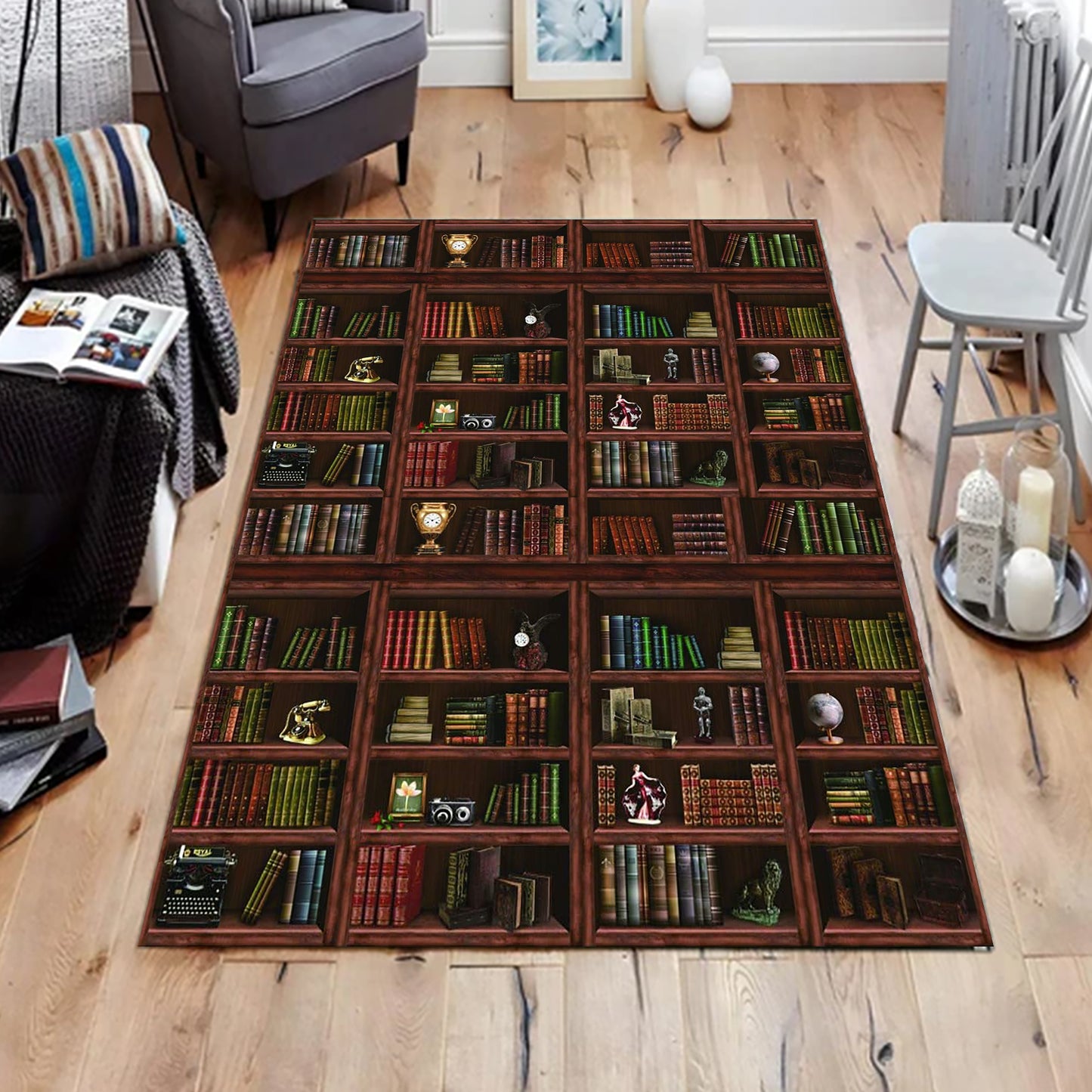 Books Retro Shelf, Library Room Rug for Bookaholics