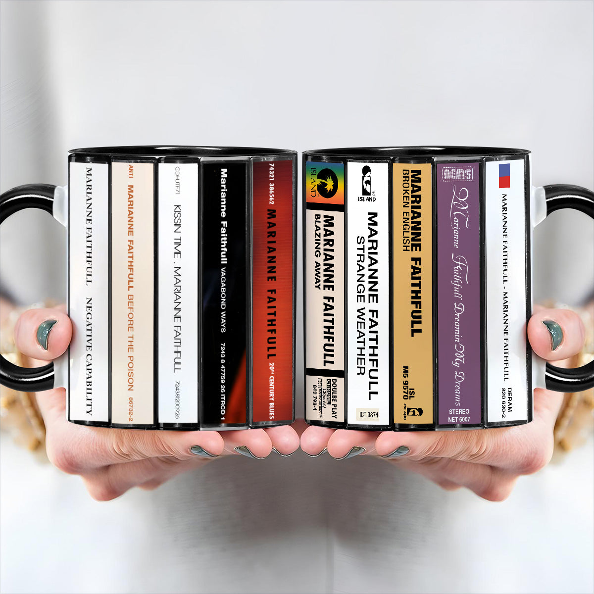 Marianne Faithfull Albums Cassette Collection Retro Accent Edge-to-Edge Printed Mug