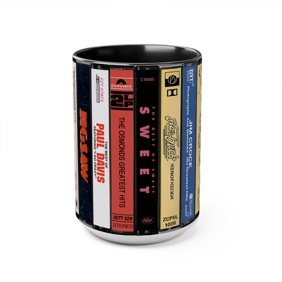 70s POP Albums Cassette Collection Retro Accent Edge-to-Edge Printed Mug