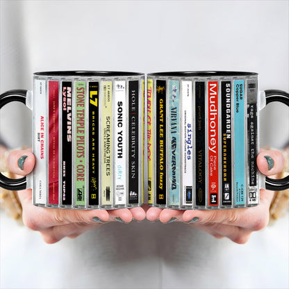 Classic Grunge Bands Albums Cassette Collection Retro Accent Edge-to-Edge Printed Mug