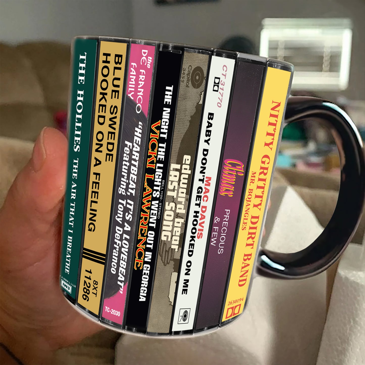 70s Pop Songs Albums Cassette Collection Retro Accent Edge-to-Edge Printed Mug - Volume 1