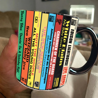 UK Pop Hits Early 70s Albums Cassette Collection Retro Accent Edge-to-Edge Printed Mug