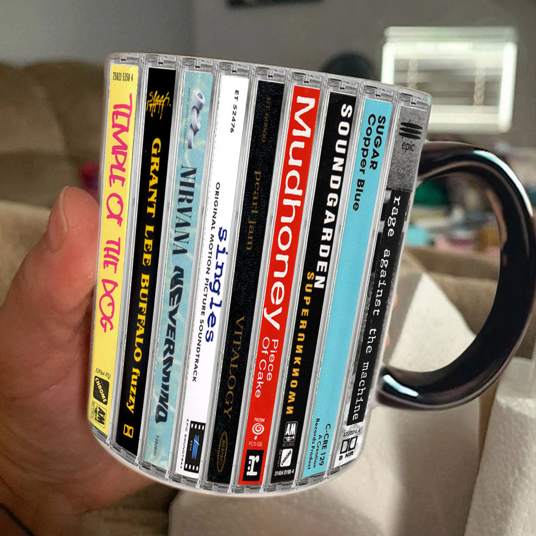 Classic Grunge Bands Albums Cassette Collection Retro Accent Edge-to-Edge Printed Mug