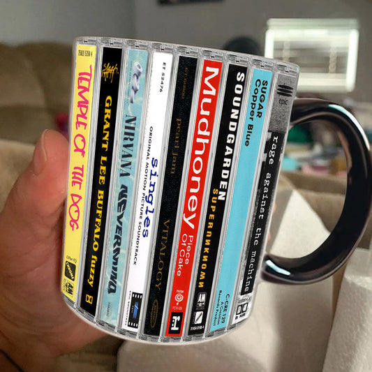 Classic Grunge Bands Albums Cassette Collection Retro Accent Edge-to-Edge Printed Mug