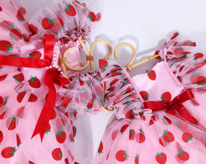 FLUFFY BABY DRESS | Red Flower Strawberry Sequin Baby Dresses | Baby Birthday Outfit | Gift For Baby Girls | Fruit Print Elegant Baby Dress