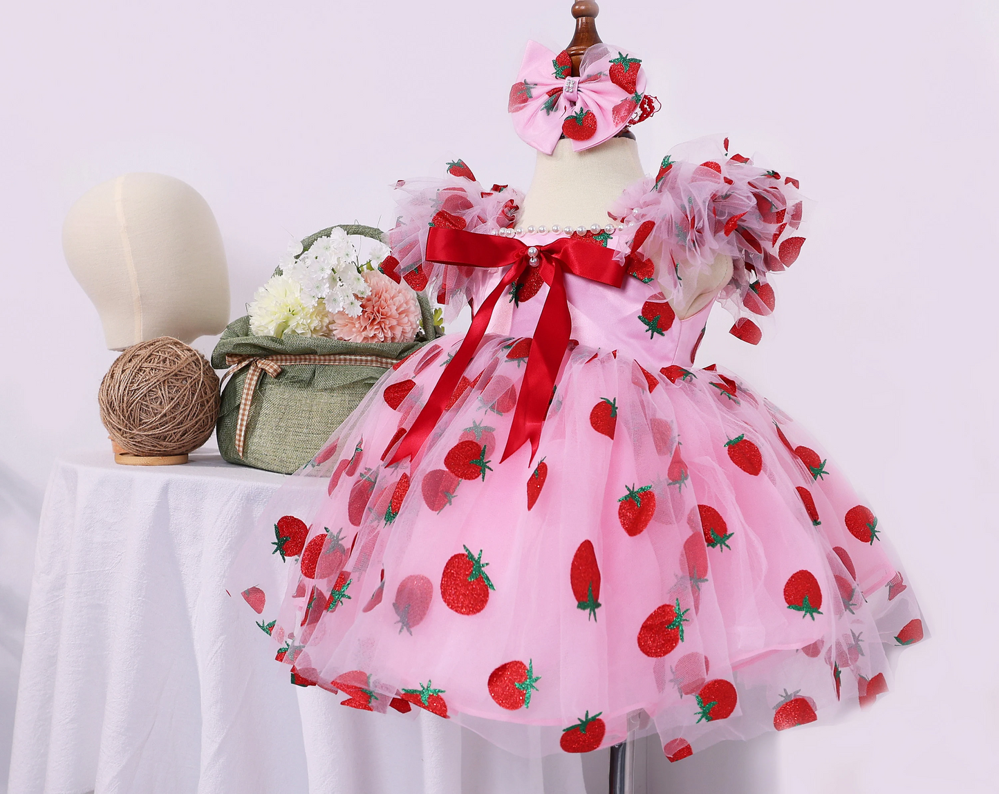 FLUFFY BABY DRESS | Red Flower Strawberry Sequin Baby Dresses | Baby Birthday Outfit | Gift For Baby Girls | Fruit Print Elegant Baby Dress