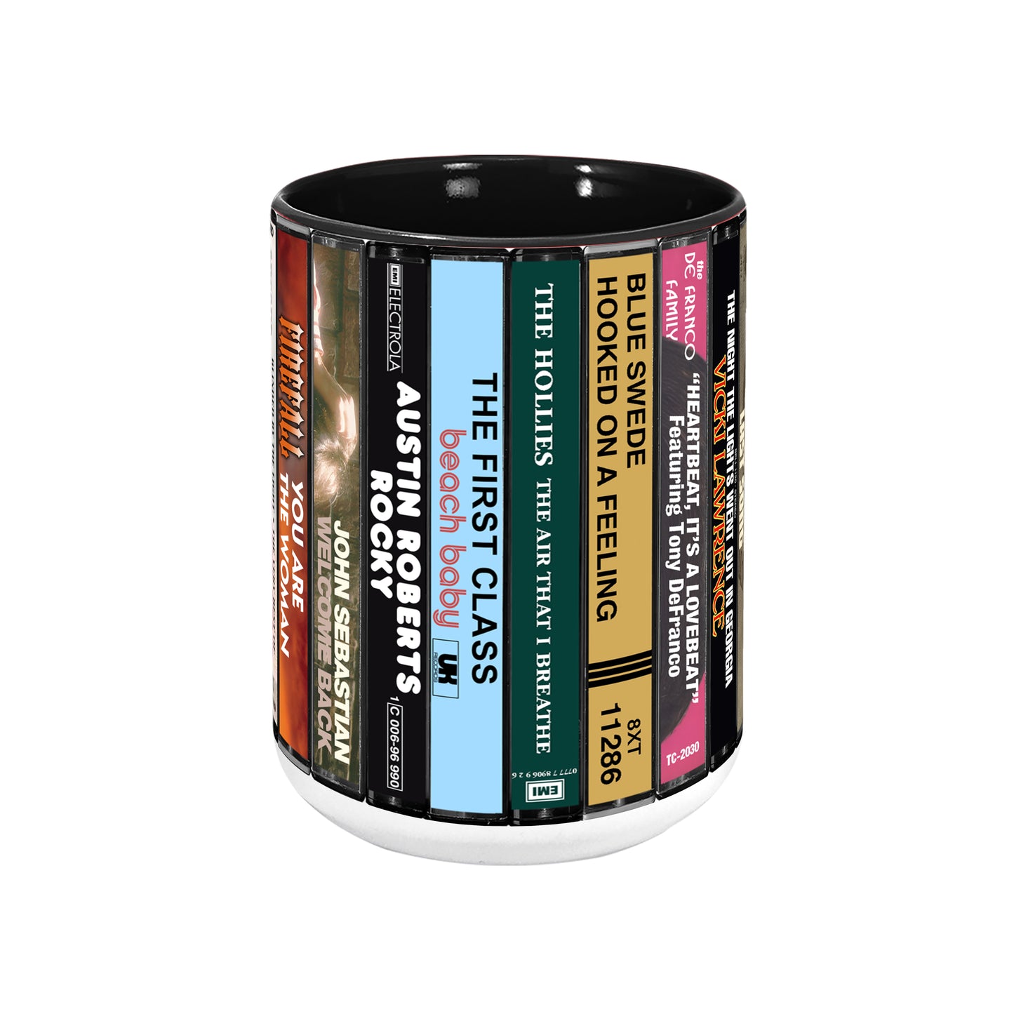 70s Pop Songs Albums Cassette Collection Retro Accent Edge-to-Edge Printed Mug - Volume 1