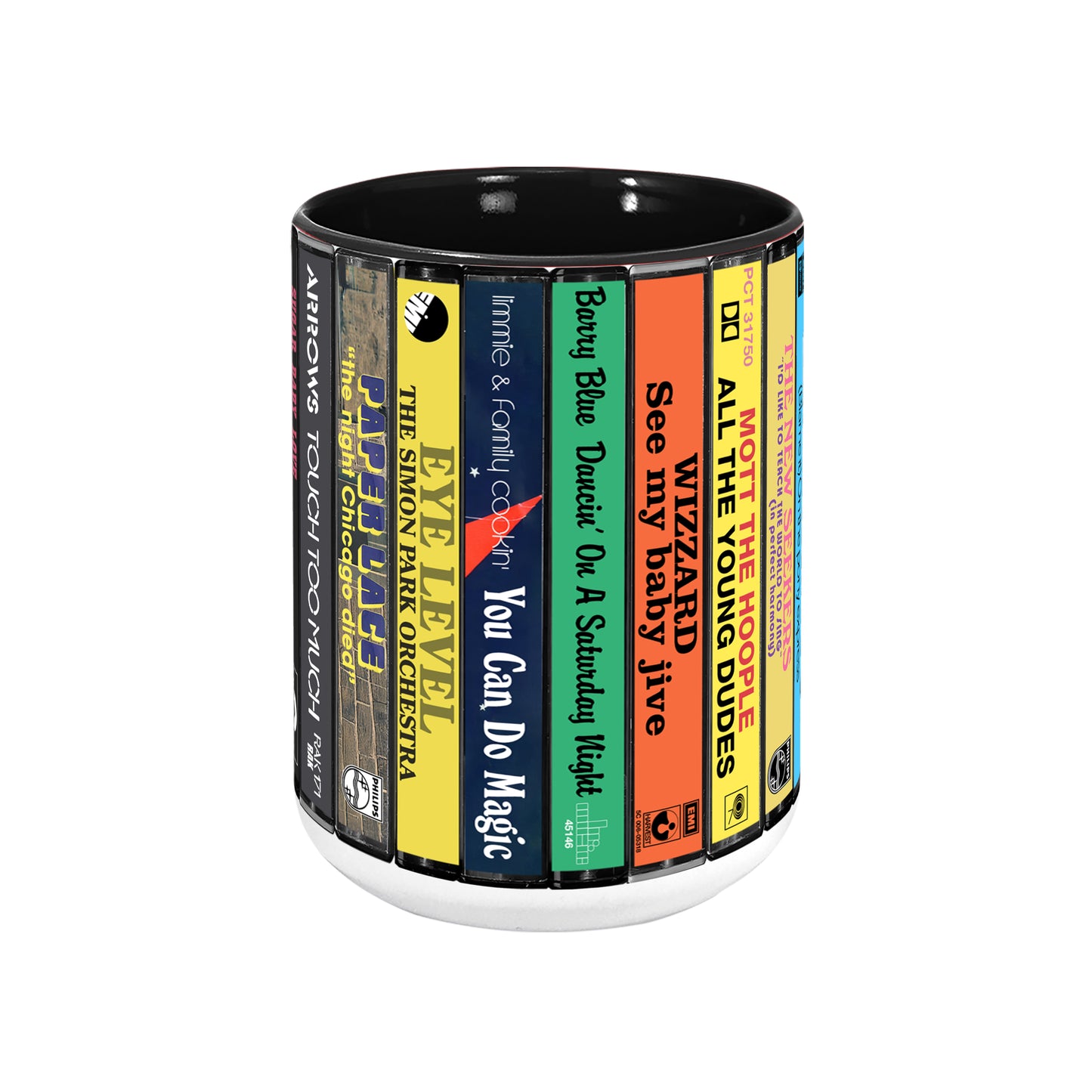 UK Pop Hits Early 70s Albums Cassette Collection Retro Accent Edge-to-Edge Printed Mug