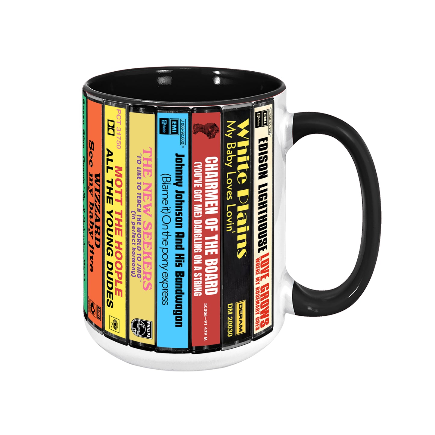UK Pop Hits Early 70s Albums Cassette Collection Retro Accent Edge-to-Edge Printed Mug