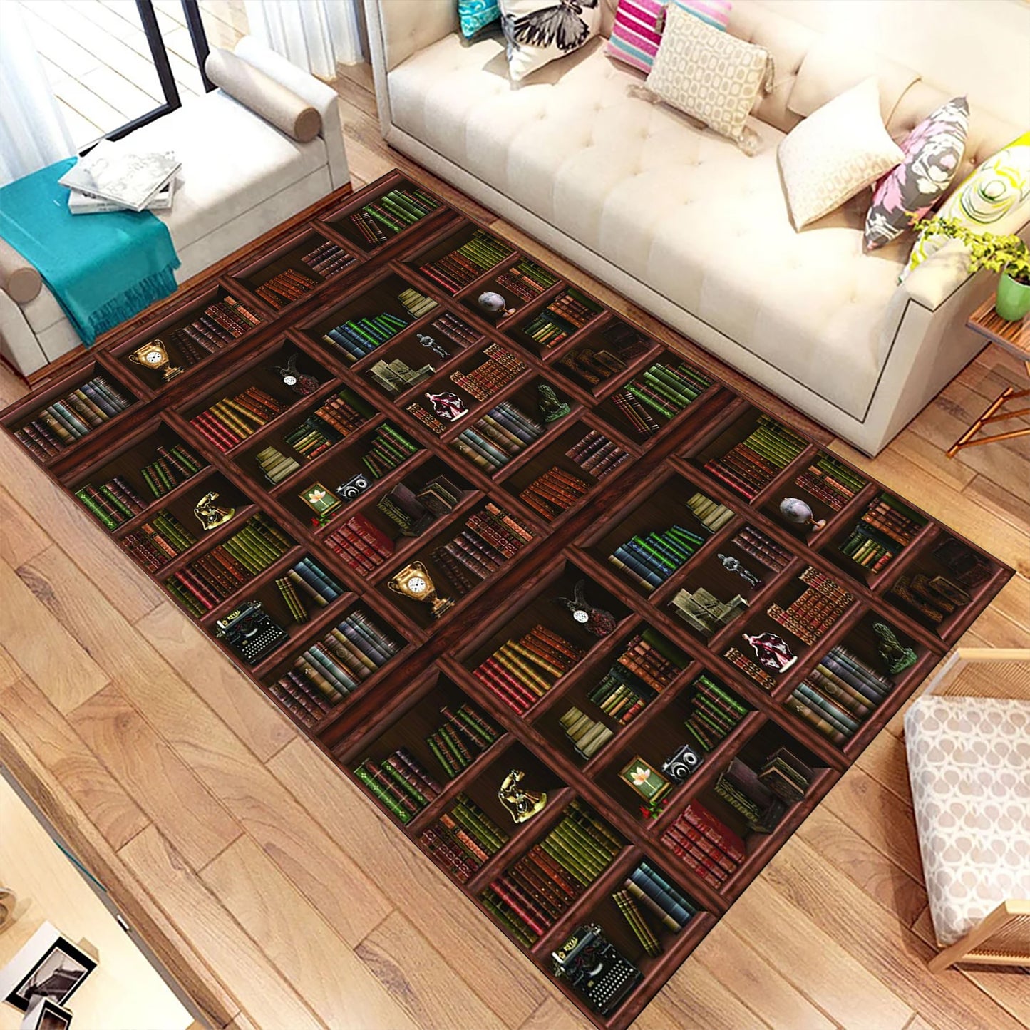 Books Retro Shelf, Library Room Rug for Bookaholics