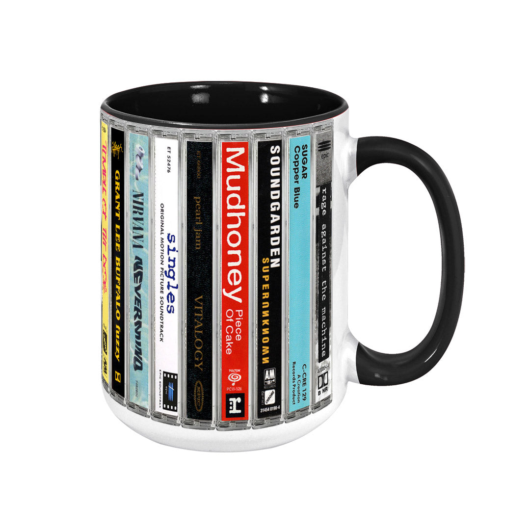 Classic Grunge Bands Albums Cassette Collection Retro Accent Edge-to-Edge Printed Mug
