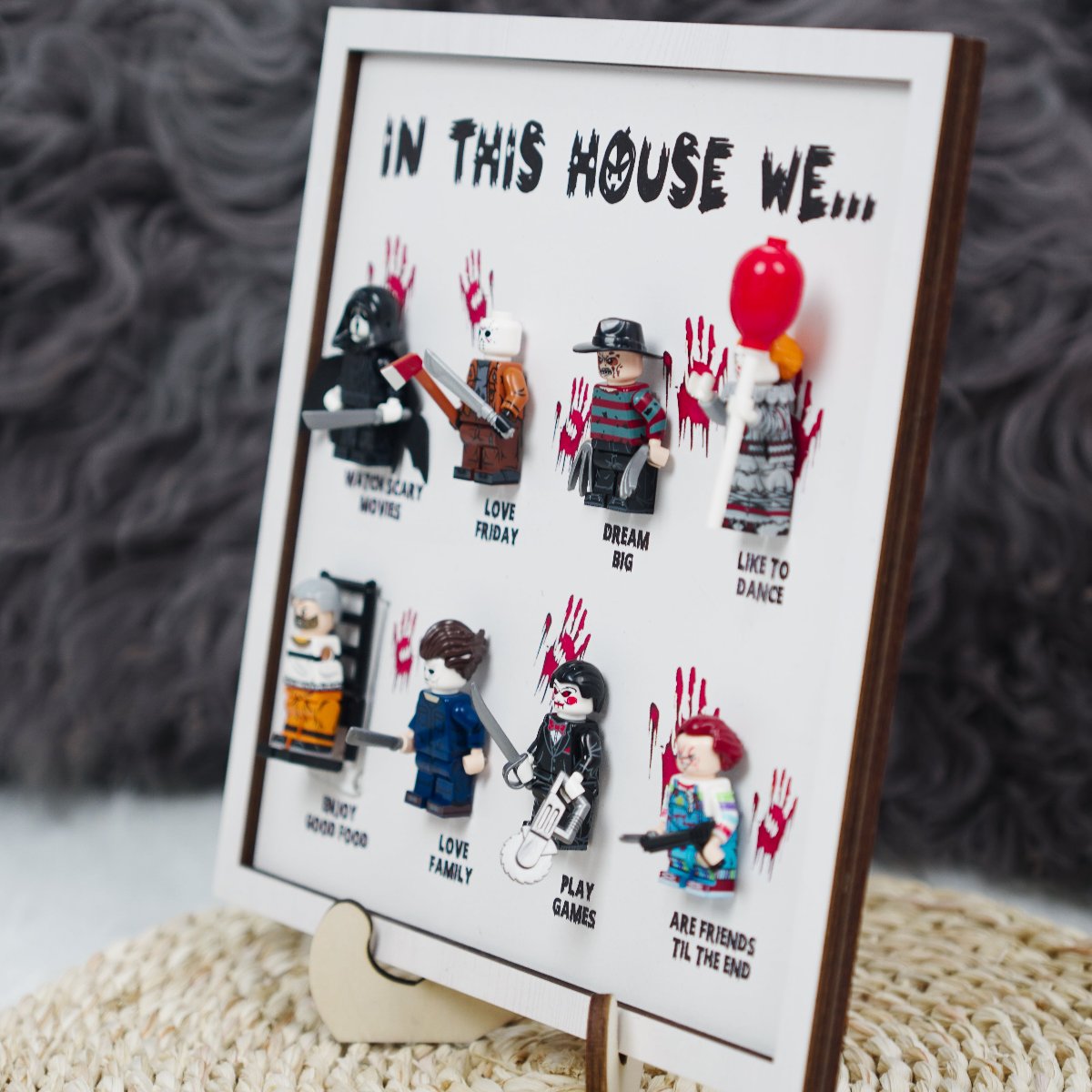 In This House We Horror Characters Mini Figures Wooden Plaque