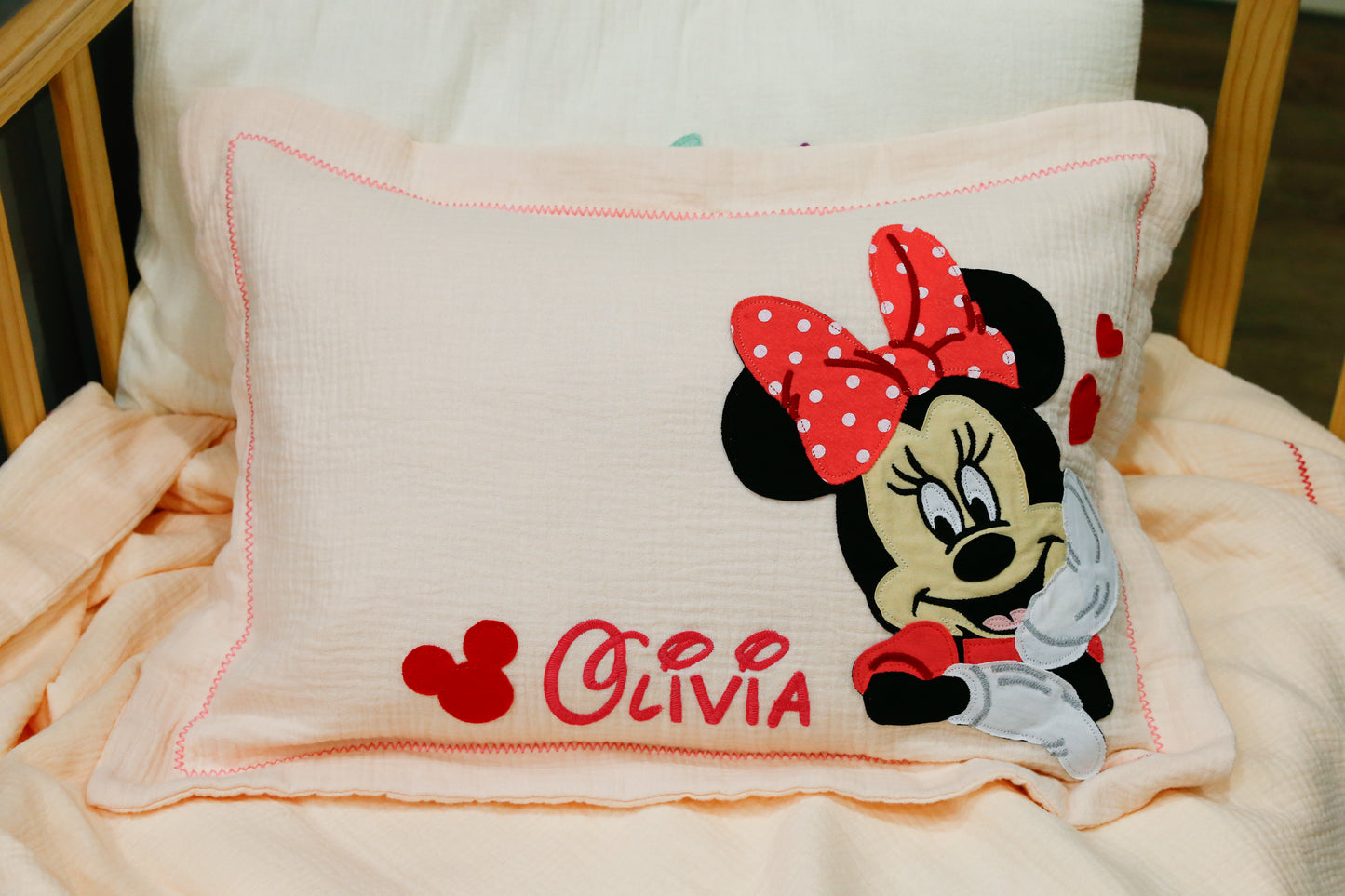 Custom Name Muslin Pillowcase - 4-Layer, Handmade with Applique Cartoon Characters