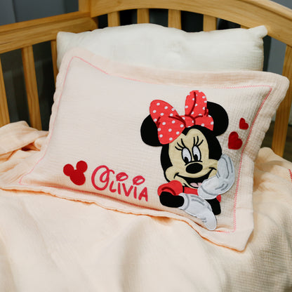 Custom Name Muslin Pillowcase - 4-Layer, Handmade with Applique Cartoon Characters