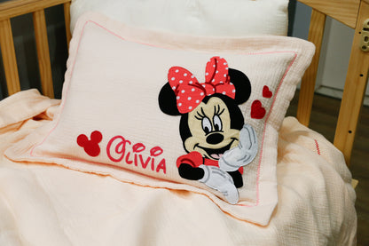 Custom Name Muslin Pillowcase - 4-Layer, Handmade with Applique Cartoon Characters