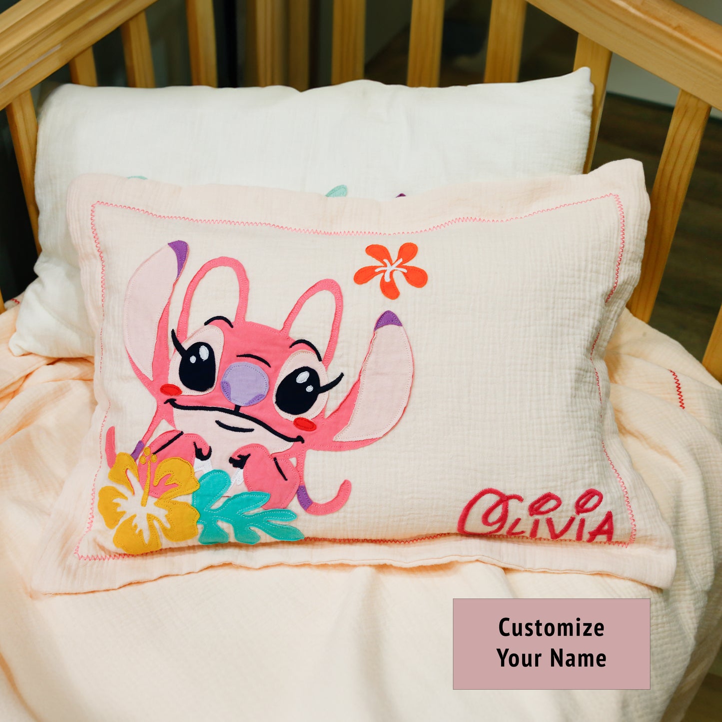 Custom Name Muslin Pillowcase - 4-Layer, Handmade with Applique Cartoon Characters