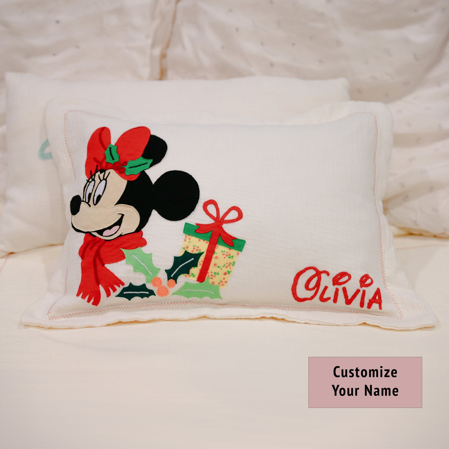 Custom Name Muslin Pillowcase - 4-Layer, Handmade with Applique Cartoon Characters