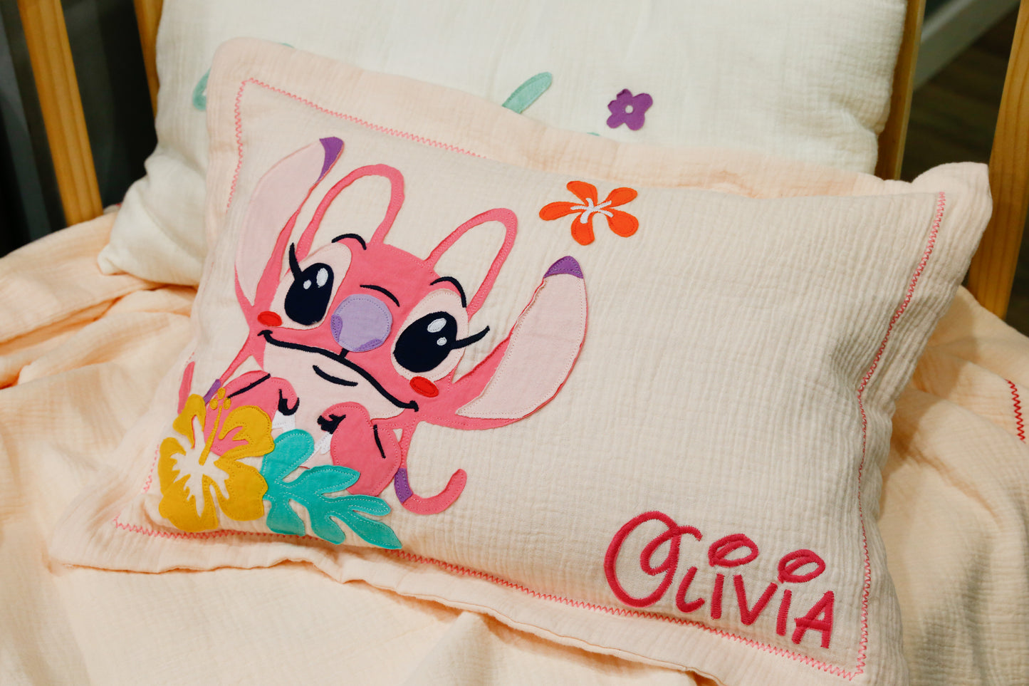 Custom Name Muslin Pillowcase - 4-Layer, Handmade with Applique Cartoon Characters