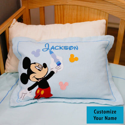 Custom Name Muslin Pillowcase - 4-Layer, Handmade with Applique Cartoon Characters