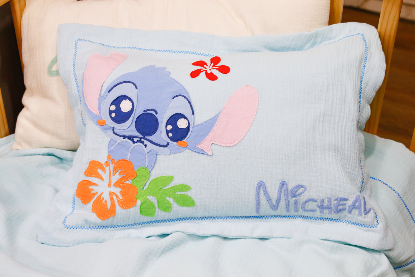 Custom Name Muslin Pillowcase - 4-Layer, Handmade with Applique Cartoon Characters