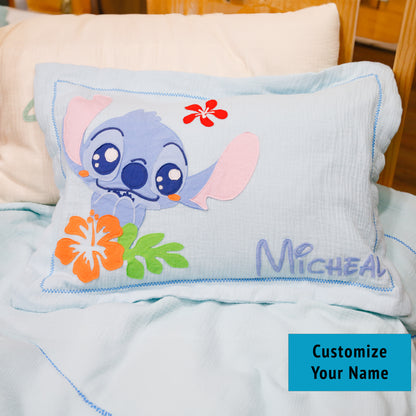 Custom Name Muslin Pillowcase - 4-Layer, Handmade with Applique Cartoon Characters