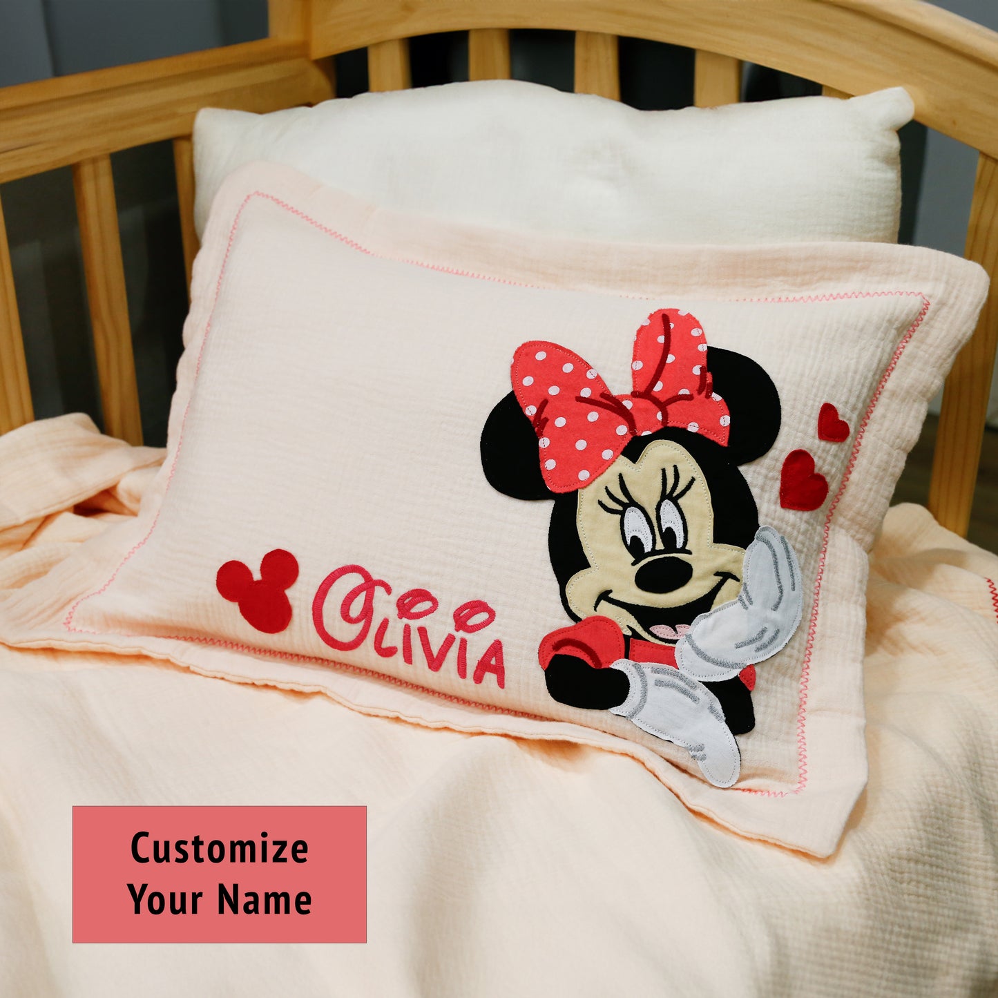 Custom Name Muslin Pillowcase - 4-Layer, Handmade with Applique Cartoon Characters