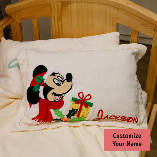 Custom Name Muslin Pillowcase - 4-Layer, Handmade with Applique Cartoon Characters