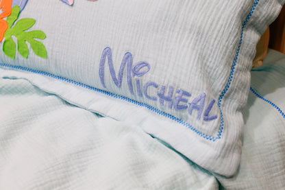 Custom Name Muslin Pillowcase - 4-Layer, Handmade with Applique Cartoon Characters