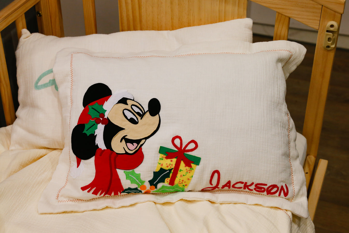 Custom Name Muslin Pillowcase - 4-Layer, Handmade with Applique Cartoon Characters