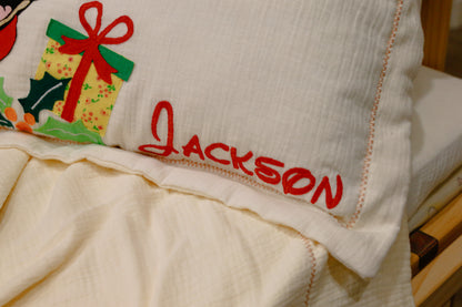 Custom Name Muslin Pillowcase - 4-Layer, Handmade with Applique Cartoon Characters