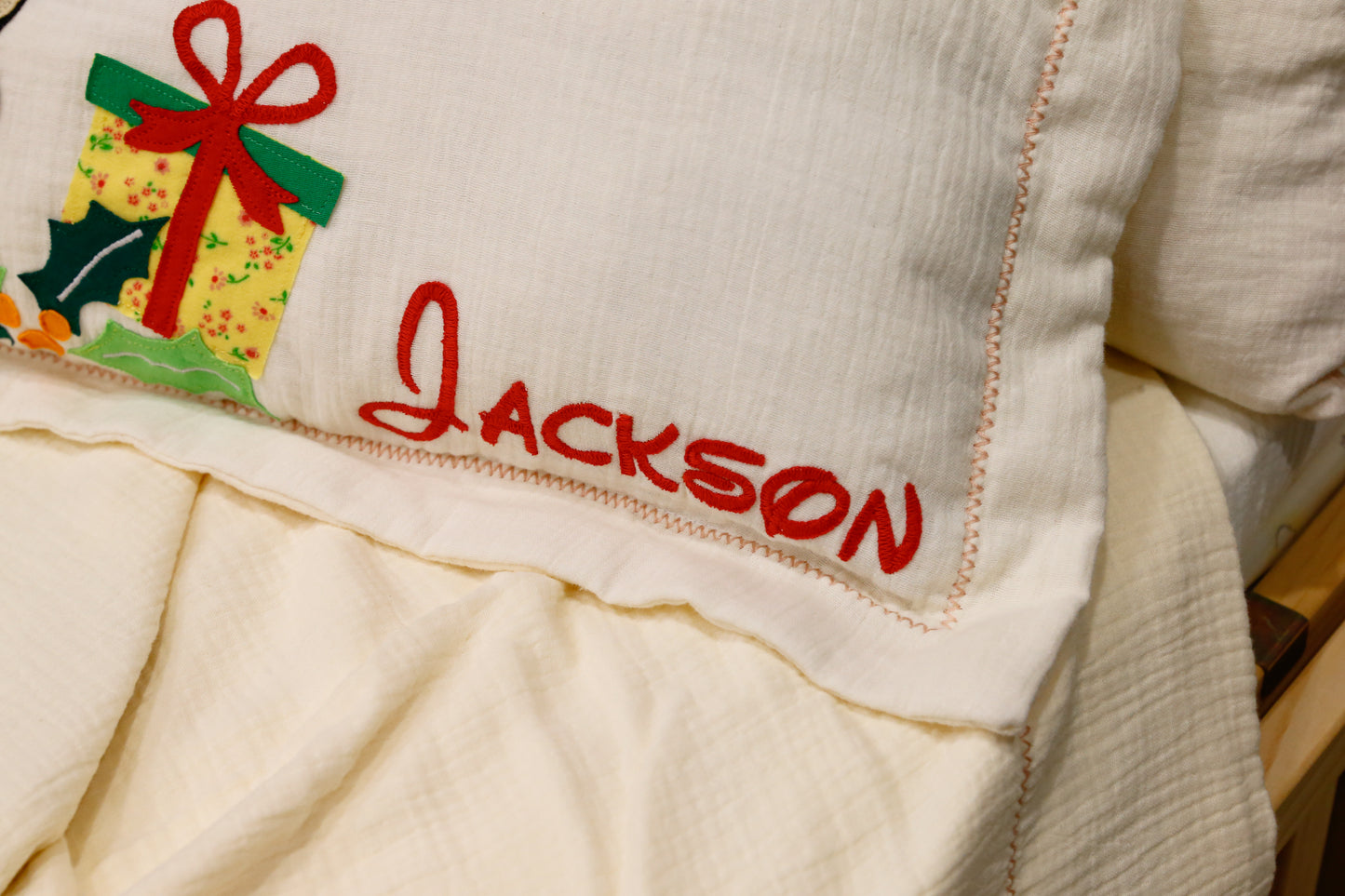 Custom Name Muslin Pillowcase - 4-Layer, Handmade with Applique Cartoon Characters