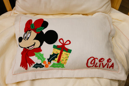 Custom Name Muslin Pillowcase - 4-Layer, Handmade with Applique Cartoon Characters