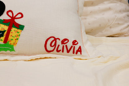 Custom Name Muslin Pillowcase - 4-Layer, Handmade with Applique Cartoon Characters